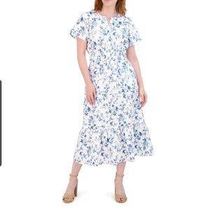 French Connection Blue White Floral Maxi Dress Tiered Long Cotton Pockets Sz L